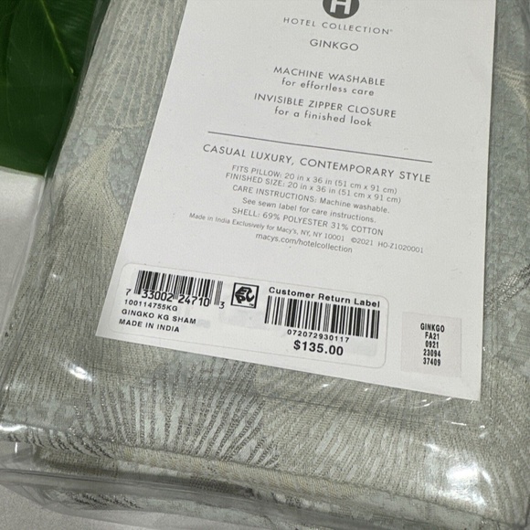 NIB $135 [ 1 King Sham ] Pillow for Hotel Collection‎ Ginkgo - Picture 3 of 11